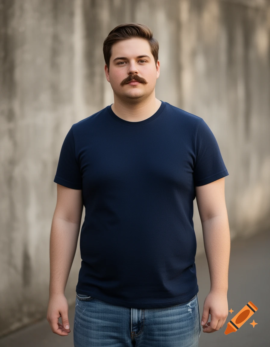 A man with a mustache and brown hair wears a navy blue t-shirt and jeans, standing against a concrete wall.