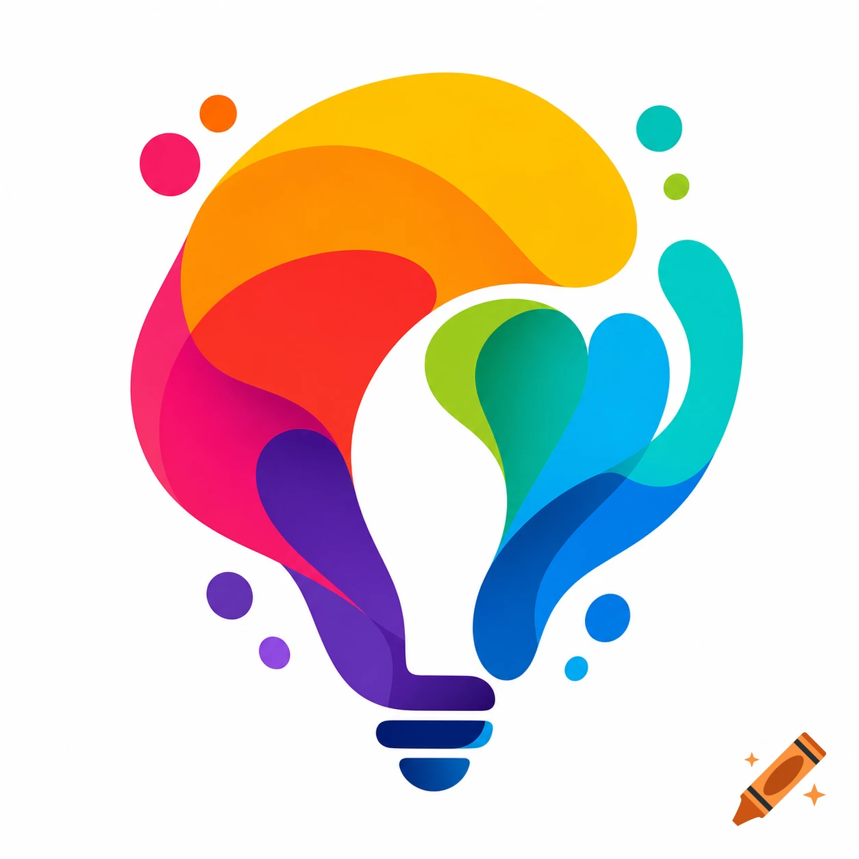 A vibrant, abstract logo forming a lightbulb shape with overlapping, flowing shapes in multiple colors like yellow, orange, red, purple, green, and blue.