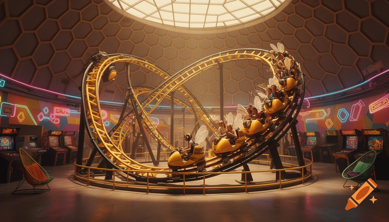 An indoor bee-themed roller coaster with riders, set inside a domed building with honeycomb patterns, surrounded by neon signs and arcade machines, evoking an 80s aesthetic.