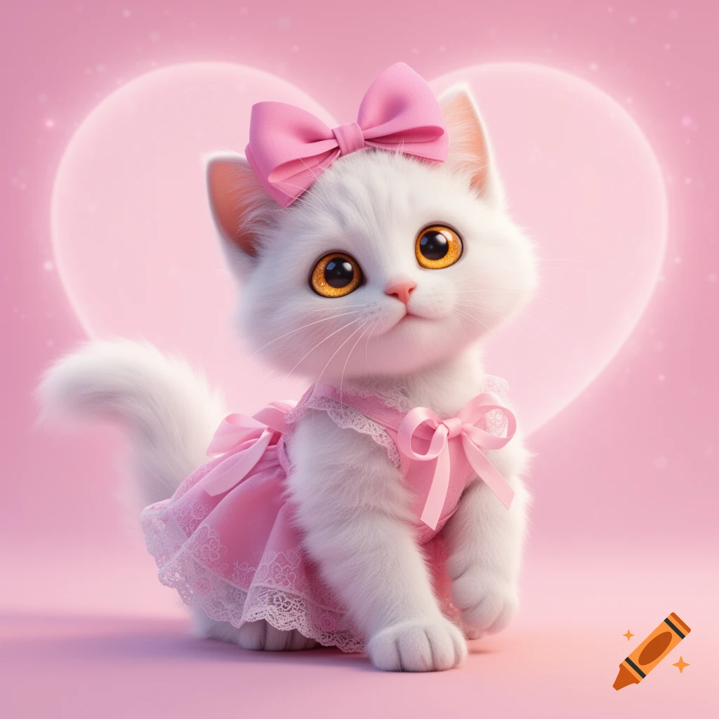 A fluffy white 3D kitten wears a pink dress and bow against a soft pink heart background.