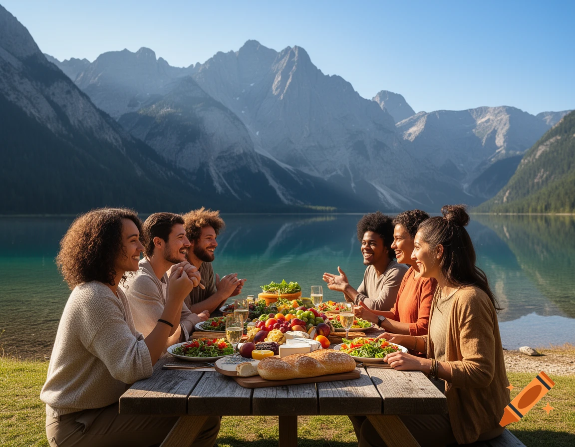 Six friends enjoy a scenic picnic by a turquoise lake with majestic mountains under a clear sky.