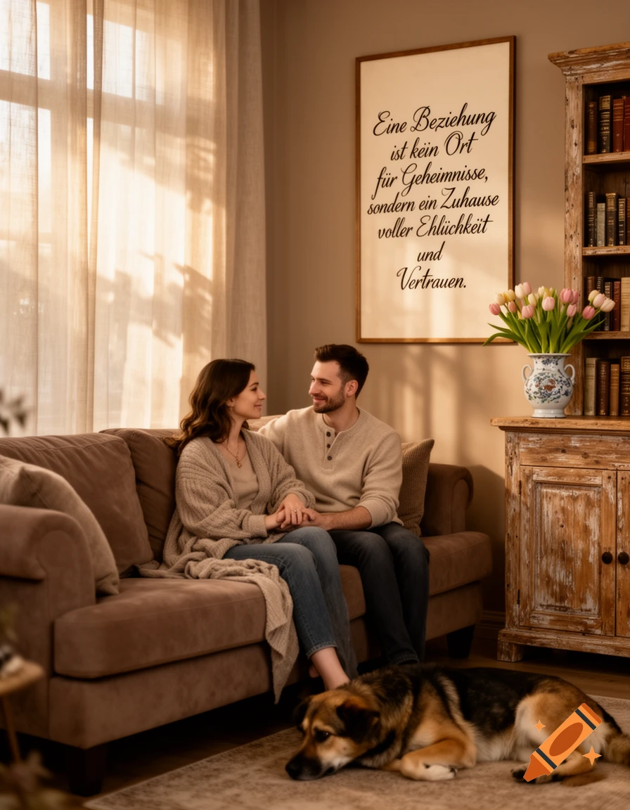 A photorealistic image of a couple sitting on a sofa, holding hands and looking at each other, with a dog resting on the rug in front of them in a cozy living room. A framed quote hangs on the wall.