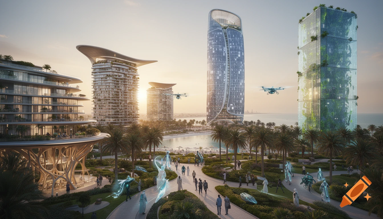 A futuristic cityscape with modern skyscrapers, palm trees, a beach, holographic figures, and drones under a sunset sky.