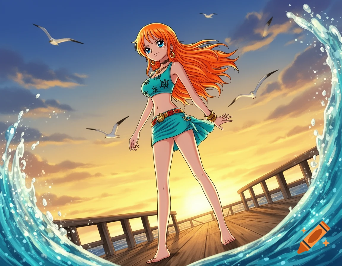 Anime character Nami stands on a wooden pier in a blue crop top and mini skirt, with a large wave, seagulls, and a sunset ocean background.