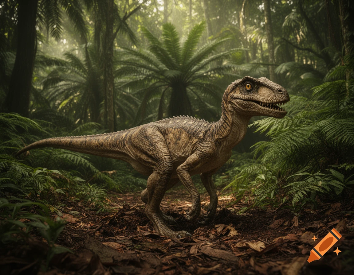 A photorealistic Velociraptor stands on a jungle floor, looking right as sunlight filters through the dense canopy.