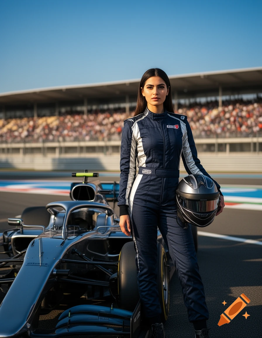 A woman in a navy and silver racing suit, holding a helmet, stands next to a silver formula race car on a track, with grandstands in the background.