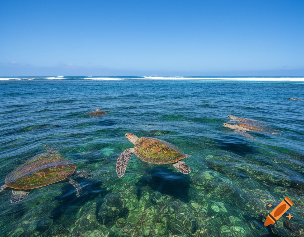 Multiple sea turtles swim in clear blue ocean water over a rocky seabed with waves breaking in the distance under a clear sky.