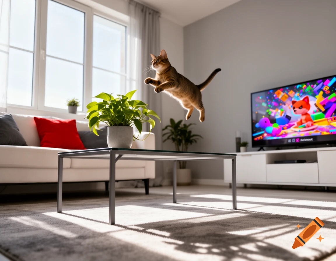 A photorealistic tabby cat jumps over a coffee table with a plant in a bright living room, a TV with colorful graphics in the background.