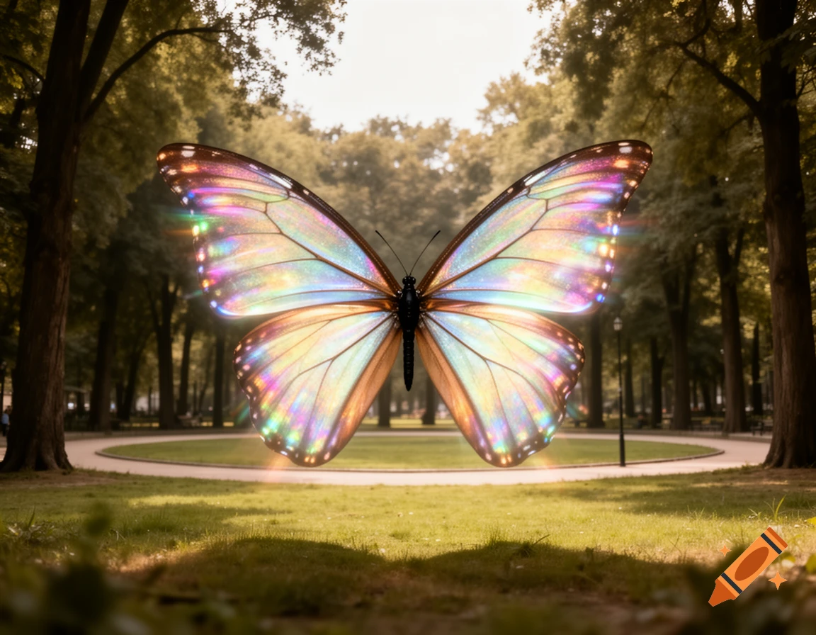 A giant, iridescent butterfly floats above green grass in a sunny park with tall trees.