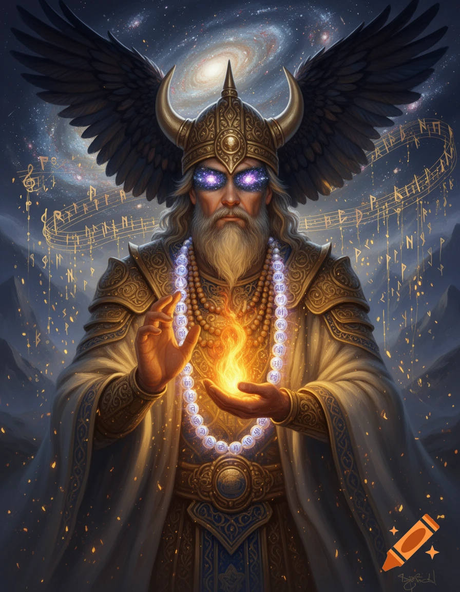A god-like figure with a horned helmet, wings, glowing eyes, and a beard holds a fiery orb, surrounded by celestial elements and floating runes.