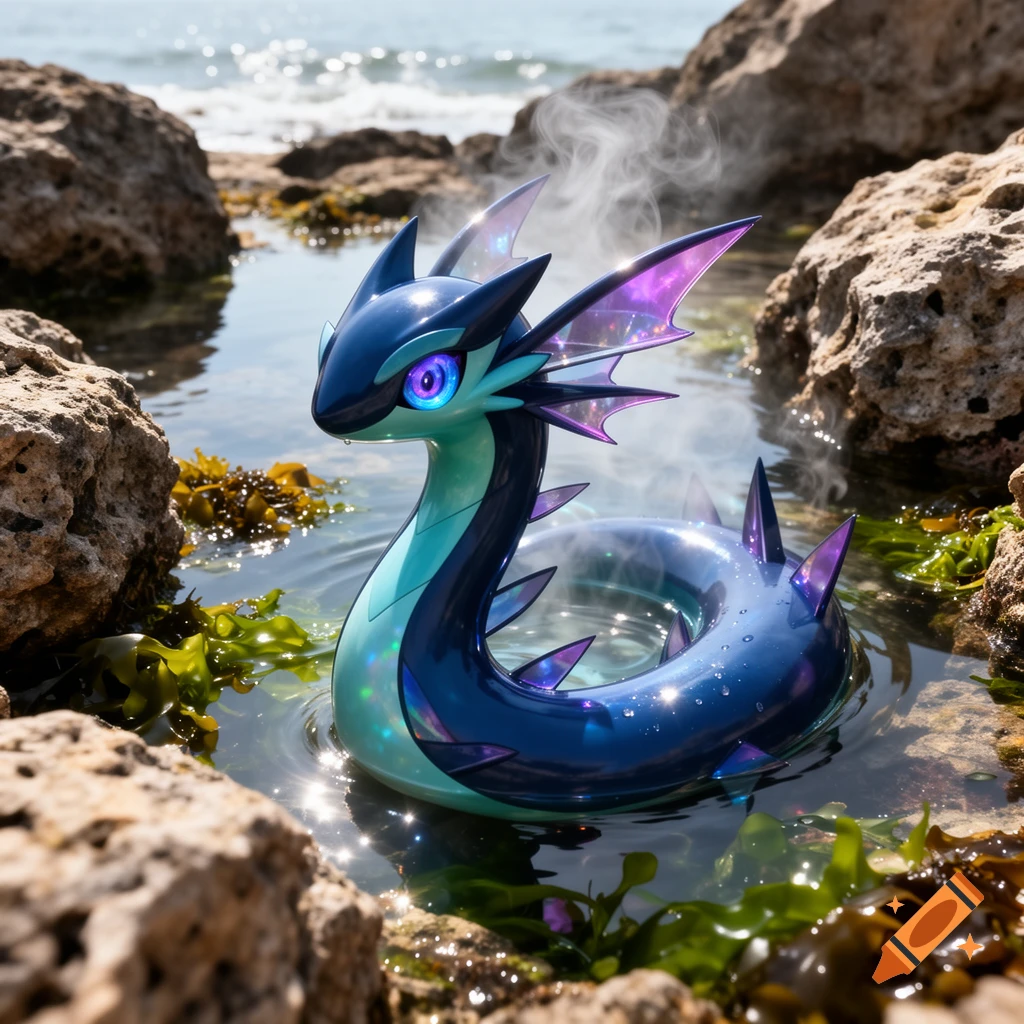A stylized dark blue and turquoise serpentine creature with glowing eyes and fins rests in a rocky tide pool with seaweed, steam rising around it.