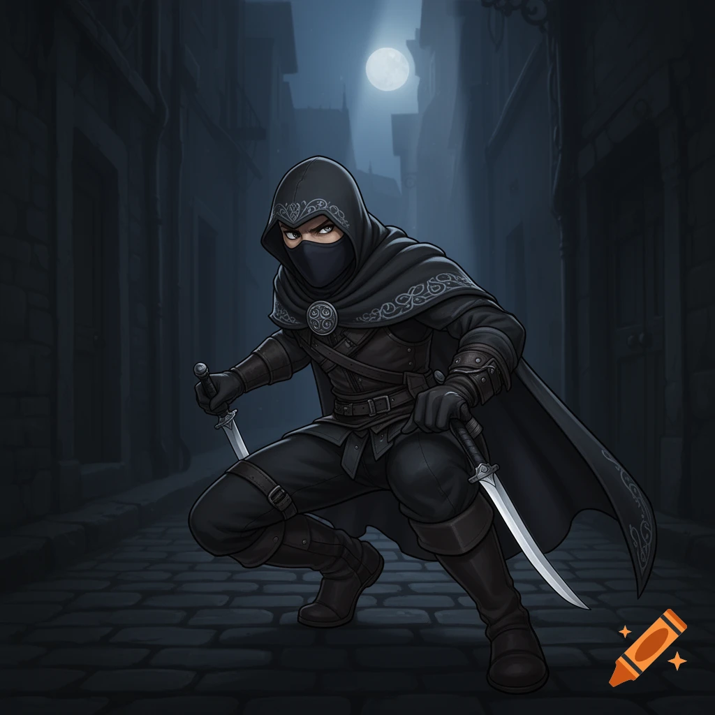 A hooded fantasy thief in dark clothing with daggers crouches in a moonlit cobblestone alley.