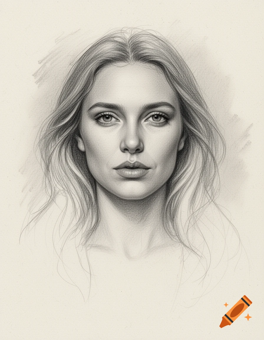 A hand-drawn pencil sketch portrait of a woman with long hair looking straight forward.