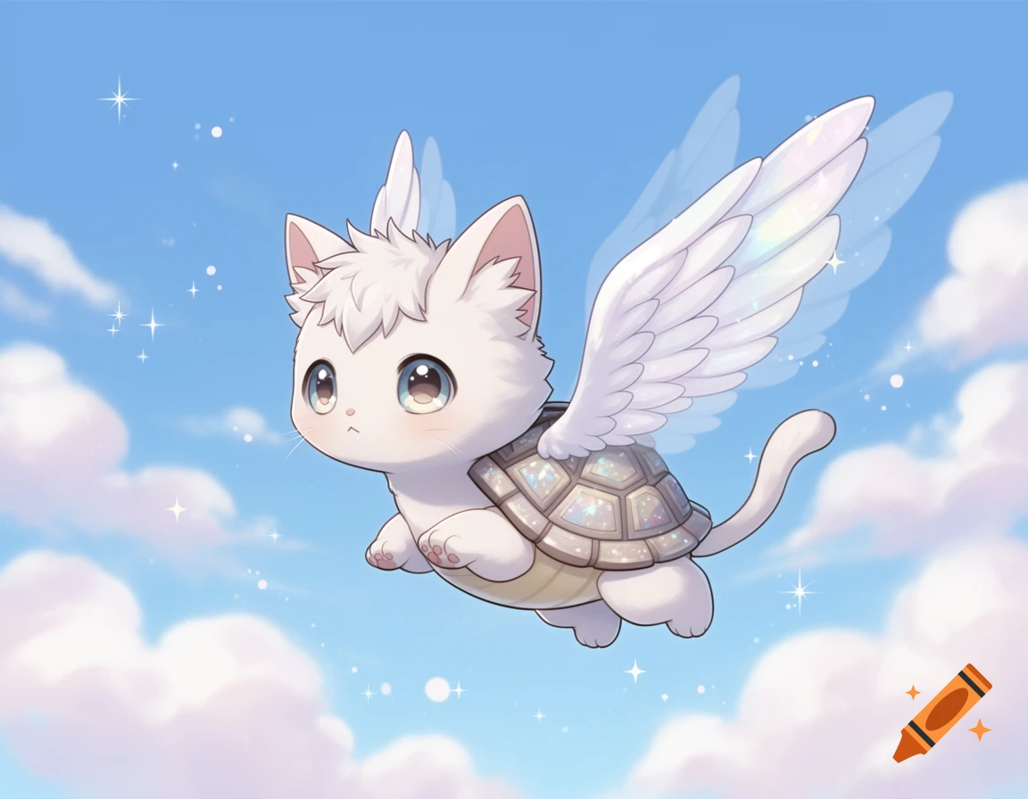 A cute white cat-turtle hybrid with sparkling angel wings flies in a bright blue sky with soft clouds, in a kawaii anime style.