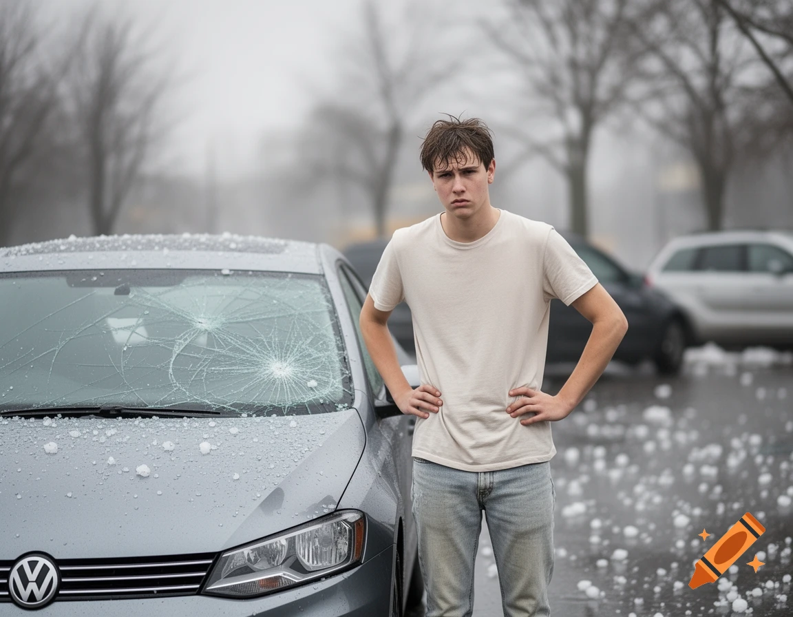 Sad young man stands with hands on hips in front of his grey car with a hail-damaged windshield.