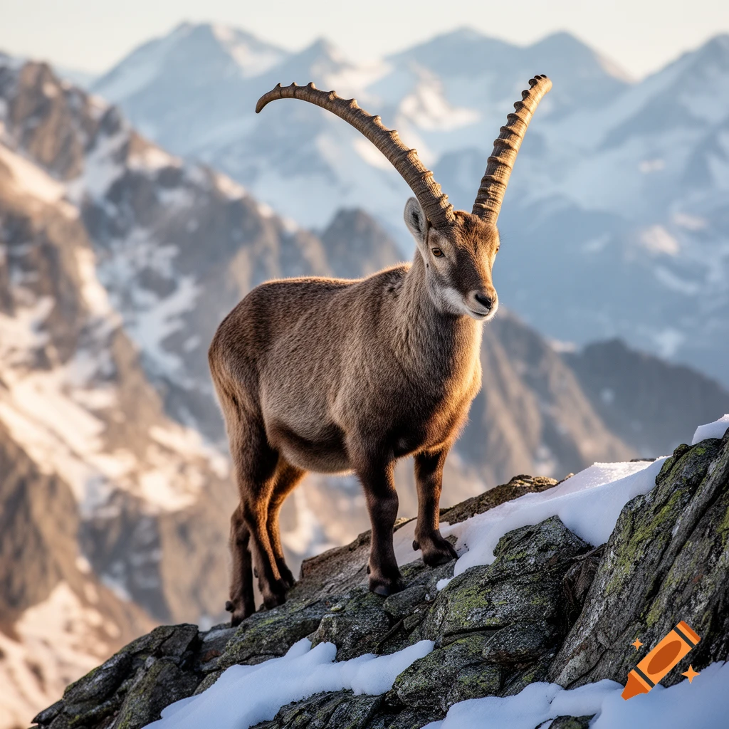 A majestic Ibex stands on a snowy rocky ridge with a backdrop of snow-capped mountains under a clear sky, photorealistic.