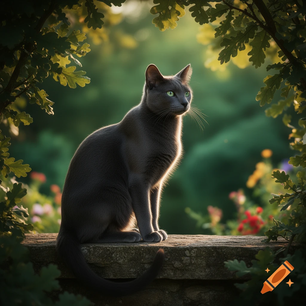 A photorealistic grey cat with green eyes sits on a stone wall in a sunlit garden, framed by green leaves.