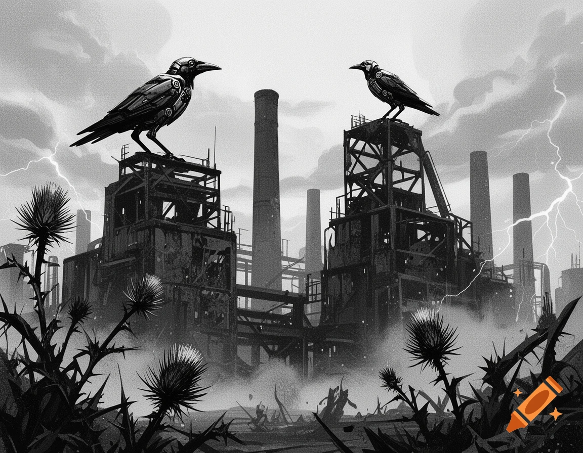Black and white illustration of two robotic crows perched on a dystopian industrial wasteland with thistles and lightning.