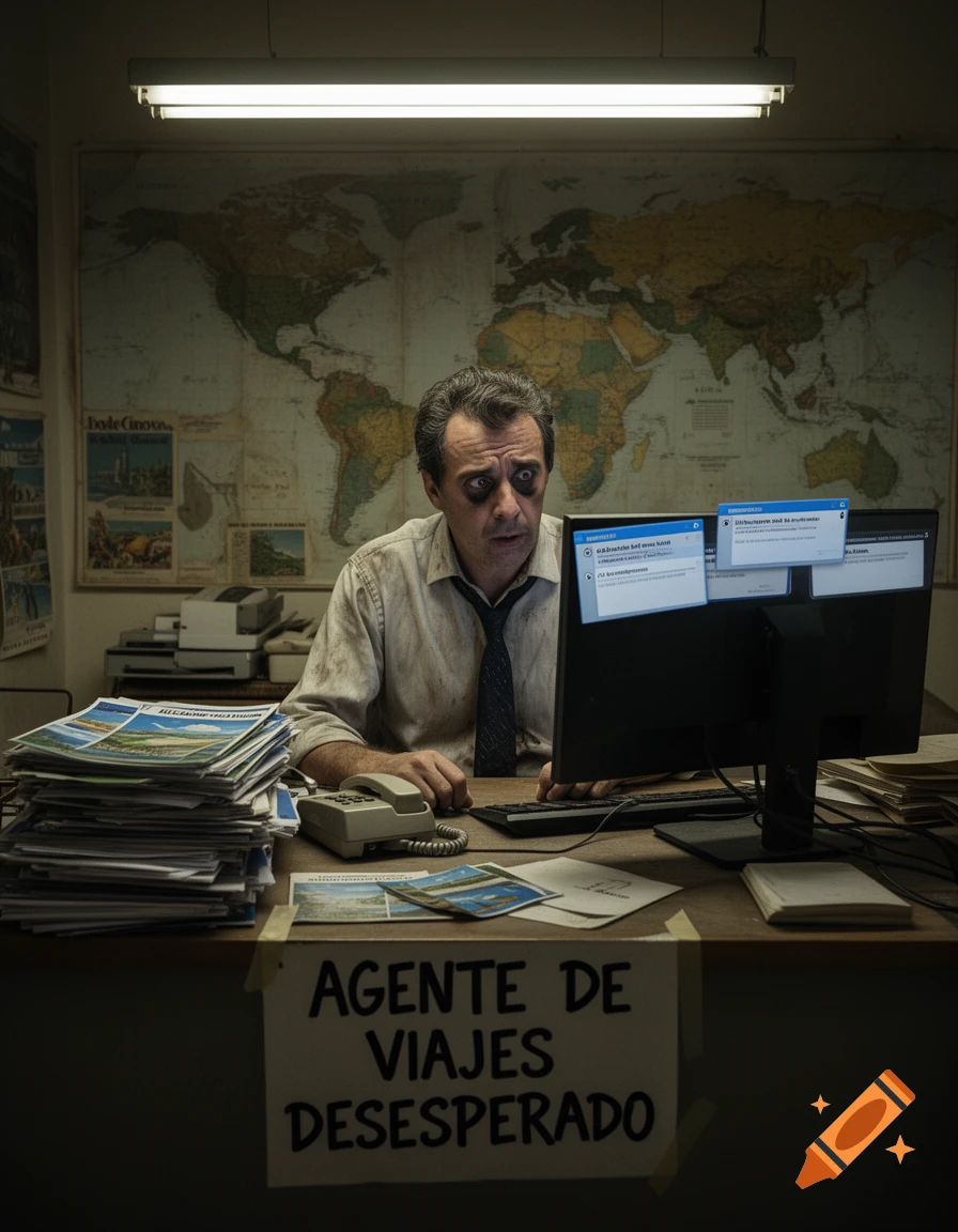 A stressed travel agent with dark circles under his eyes sits at a messy desk with computer screens and a 'DESPERATE TRAVEL AGENT' sign.