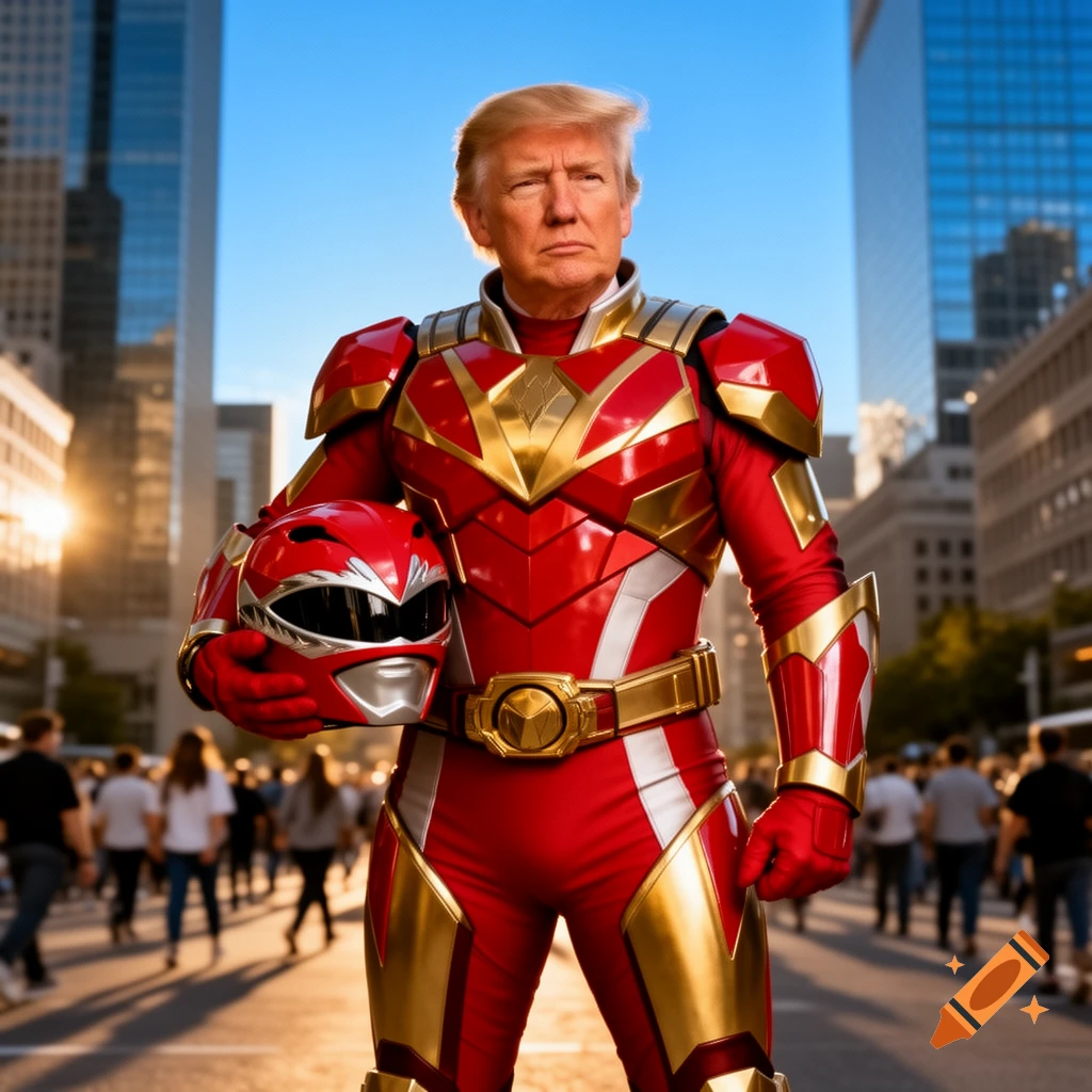 Donald Trump in a red and gold Power Ranger suit holds a helmet in a city street, photorealistic style.
