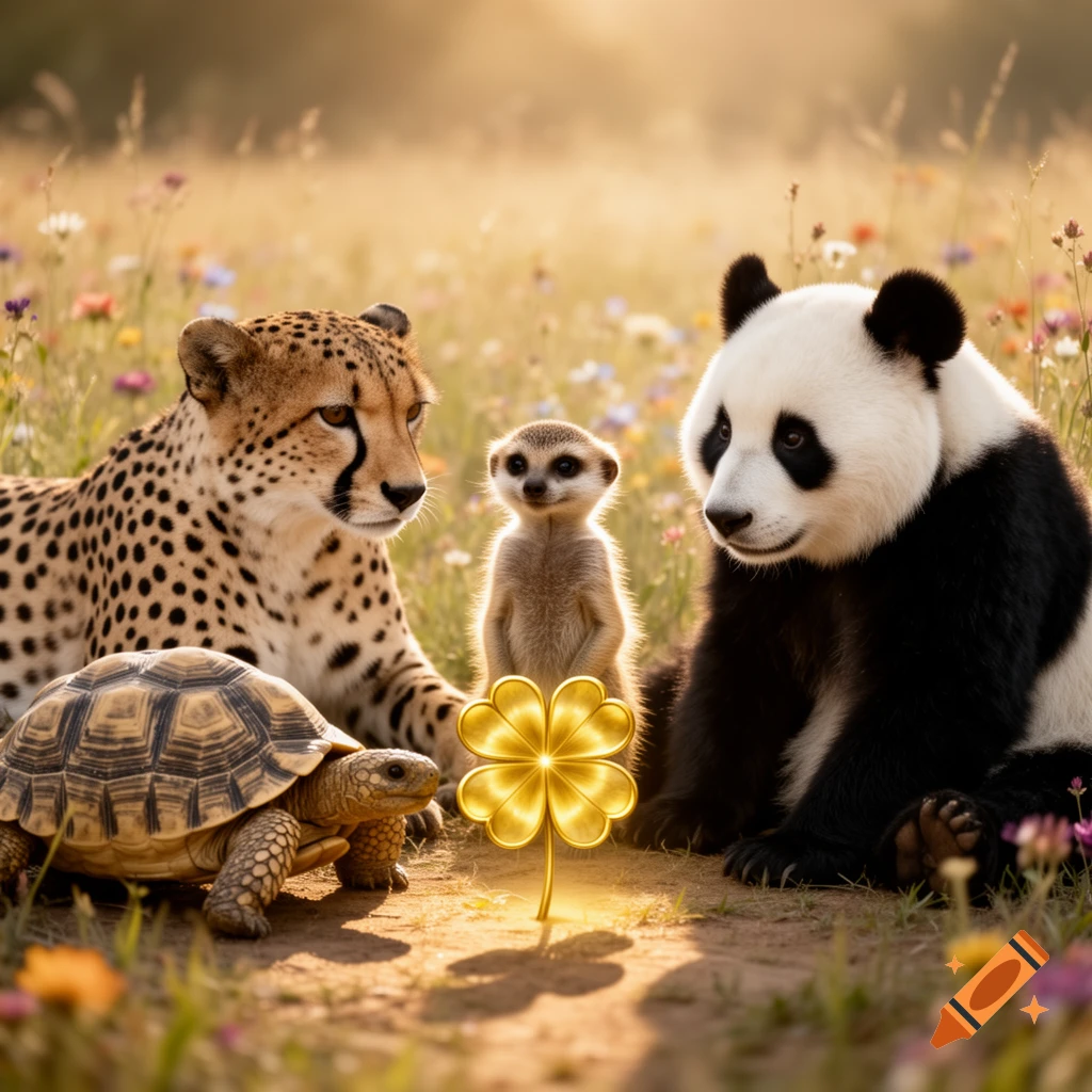 A cheetah, tortoise, meerkat, and panda gather around a glowing golden four-leaf clover in a sunlit field of wildflowers.