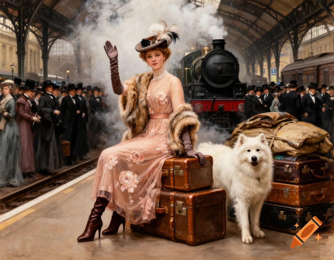 An Edwardian woman in a pink dress and fur stole sits on luggage, waving, with a Samoyed dog beside her in a bustling train station, impressionist painting.