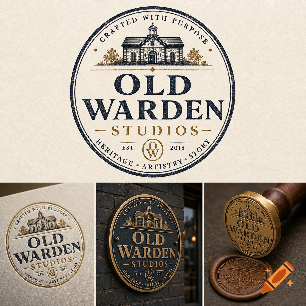 A round logo with a vintage style featuring an old building, the text "OLD WARDEN STUDIOS", and "CRAFTED WITH PURPOSE" and "HERITAGE ARTISTRY STORY" surrounding it, displayed in various mockups including embossed paper, a metal sign, and a wax seal.
