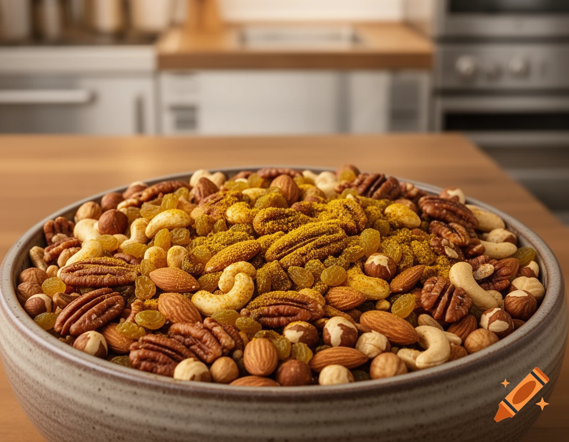 A bowl of nut mix with pecans, almonds, cashews, hazelnuts, and golden raisins, topped with yellow seasoning, on a wooden table.