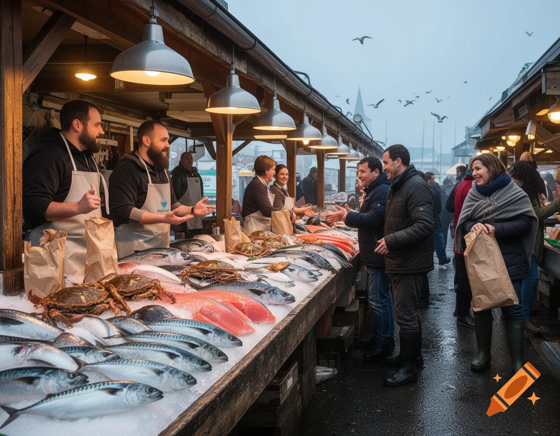 A bustling outdoor fish market with several vendors and customers, showcasing a wide variety of fresh fish, crabs, and seafood on ice.