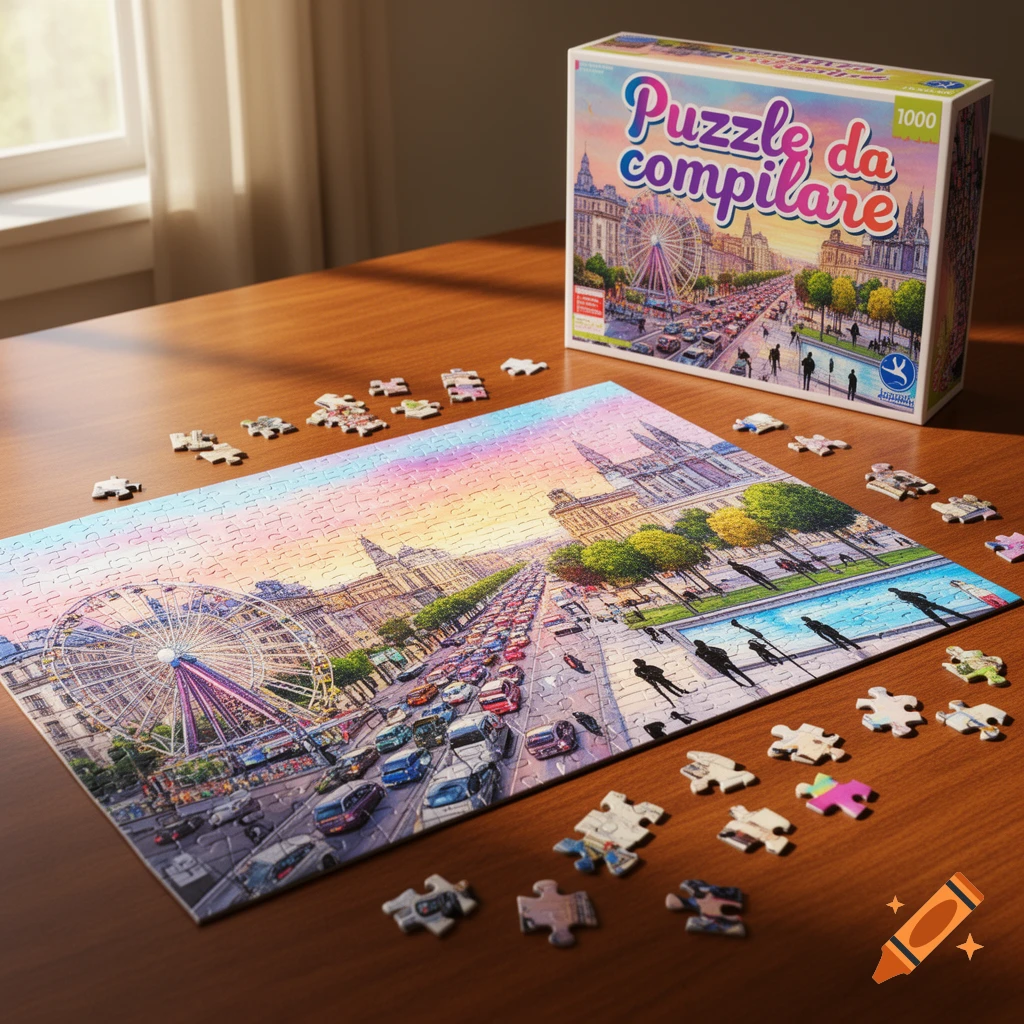 A partially completed jigsaw puzzle depicting a bustling city with a Ferris wheel, cars, and buildings, on a wooden table.