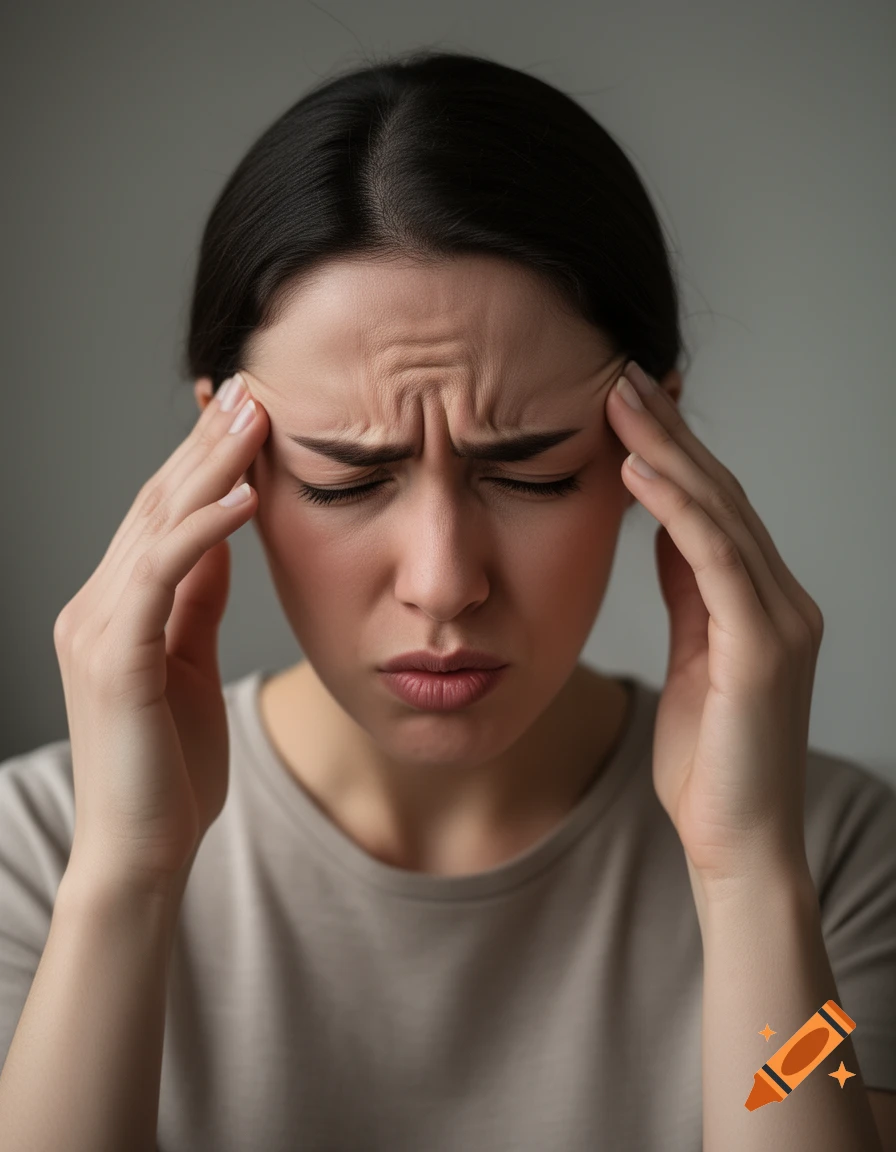 Close-up of a woman with an intense headache, pressing her temples, looking distressed.