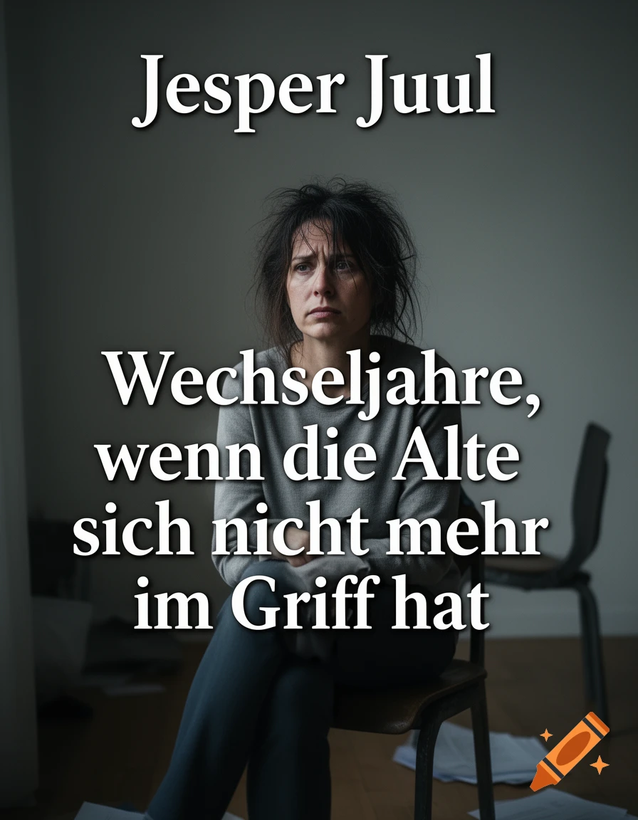 A distressed, disheveled woman with dark hair sits against a dark background, with the text 'Jesper Juul' and 'Wechseljahre, wenn die Alte sich nicht mehr im Griff hat' overlaid.