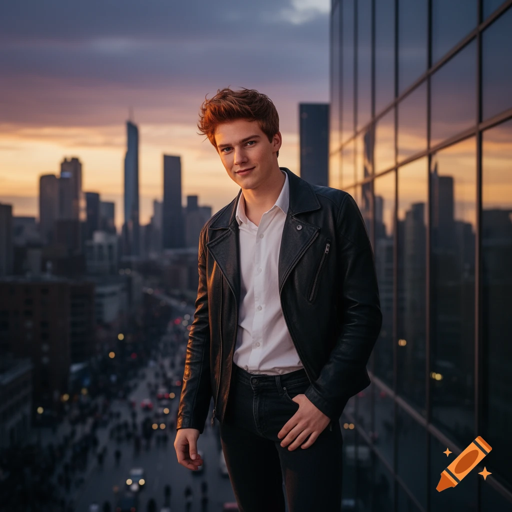 A young man with red hair in a black leather jacket poses on a city rooftop at sunset, with a blurred cityscape below.