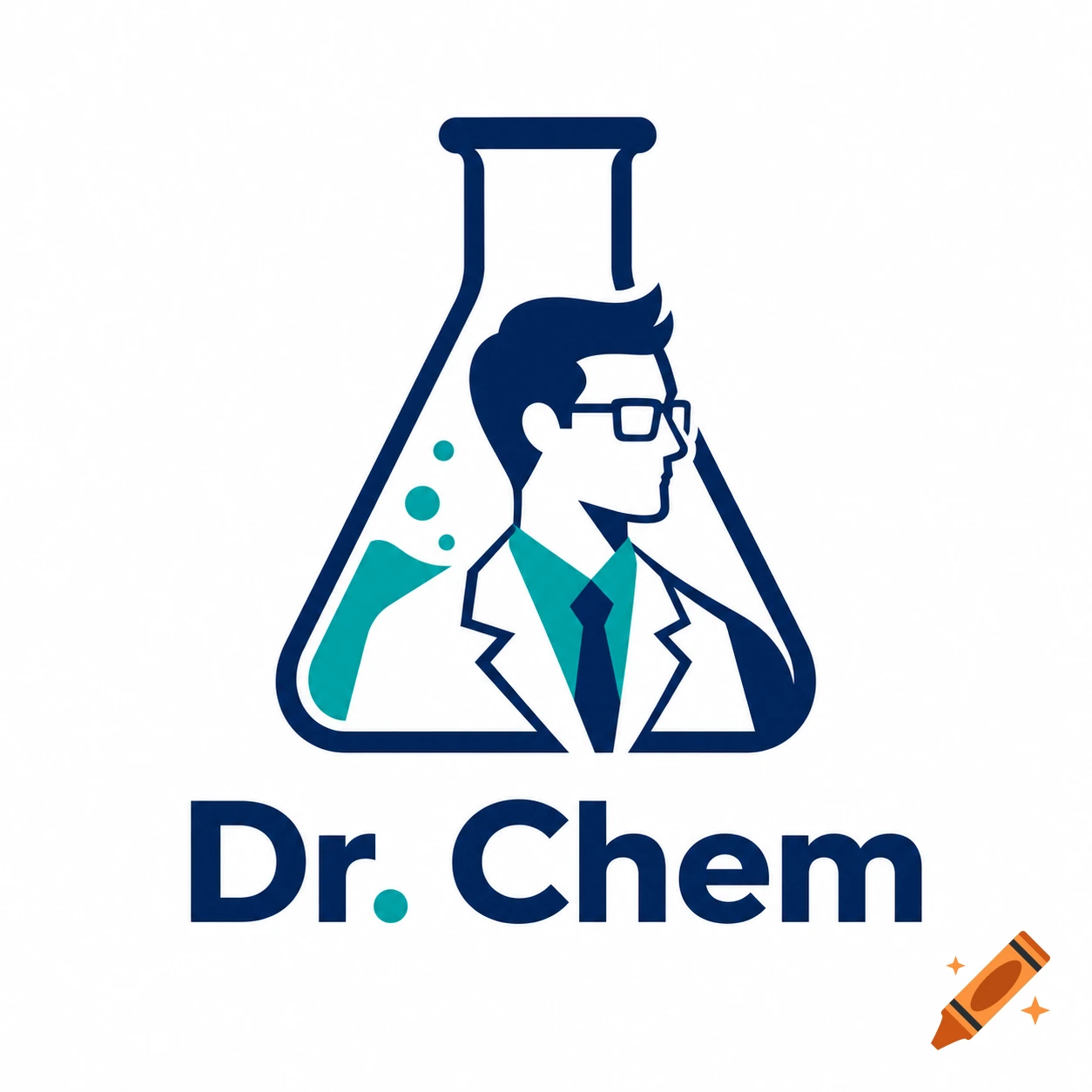 Minimalist logo featuring a chemist's profile in a flask with bubbles, and the text "Dr. Chem" below.