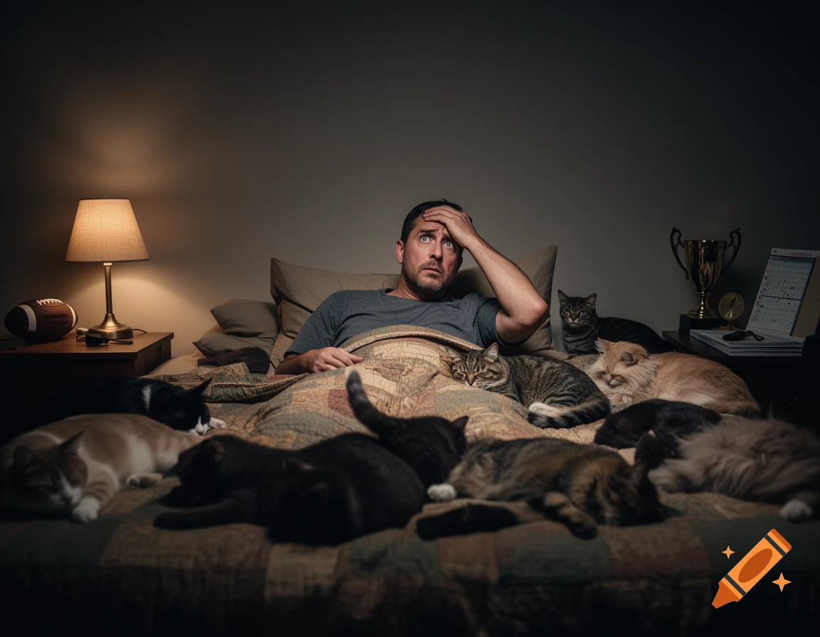 A worried football coach in bed, surrounded by numerous sleeping cats under a dim bedside lamp.