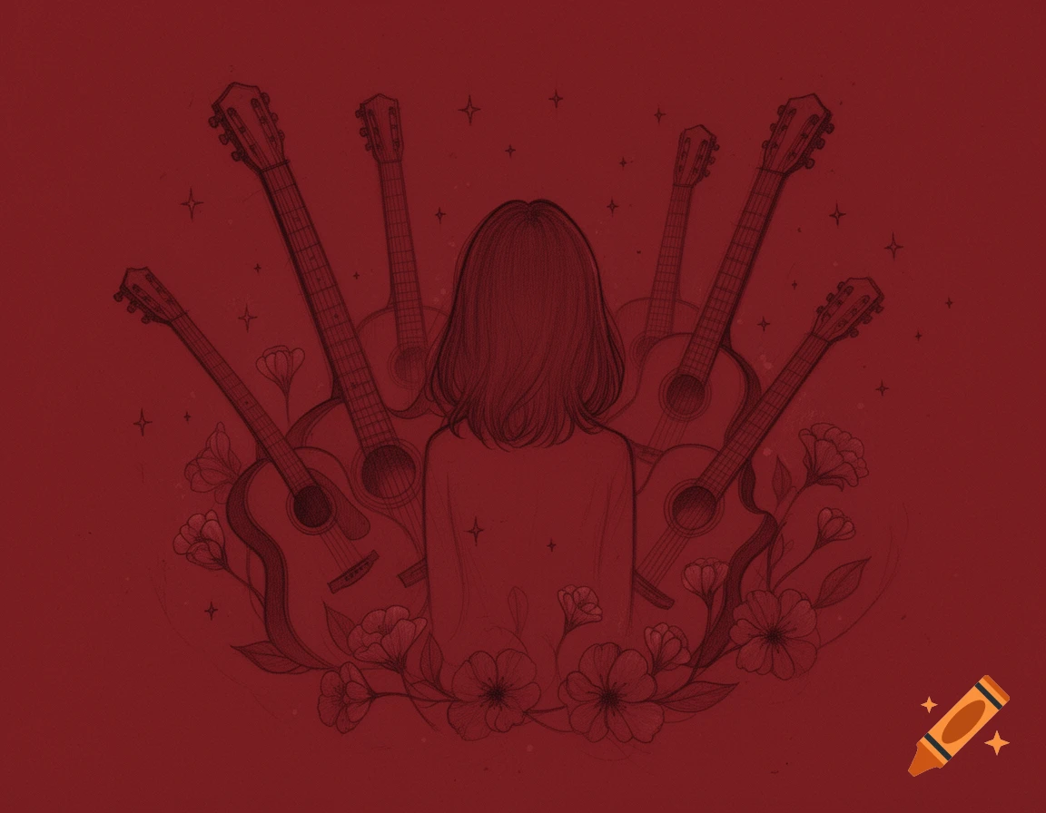 Pencil sketch of the back of a girl with shoulder-length hair surrounded by guitars and flowers on a dark red background.