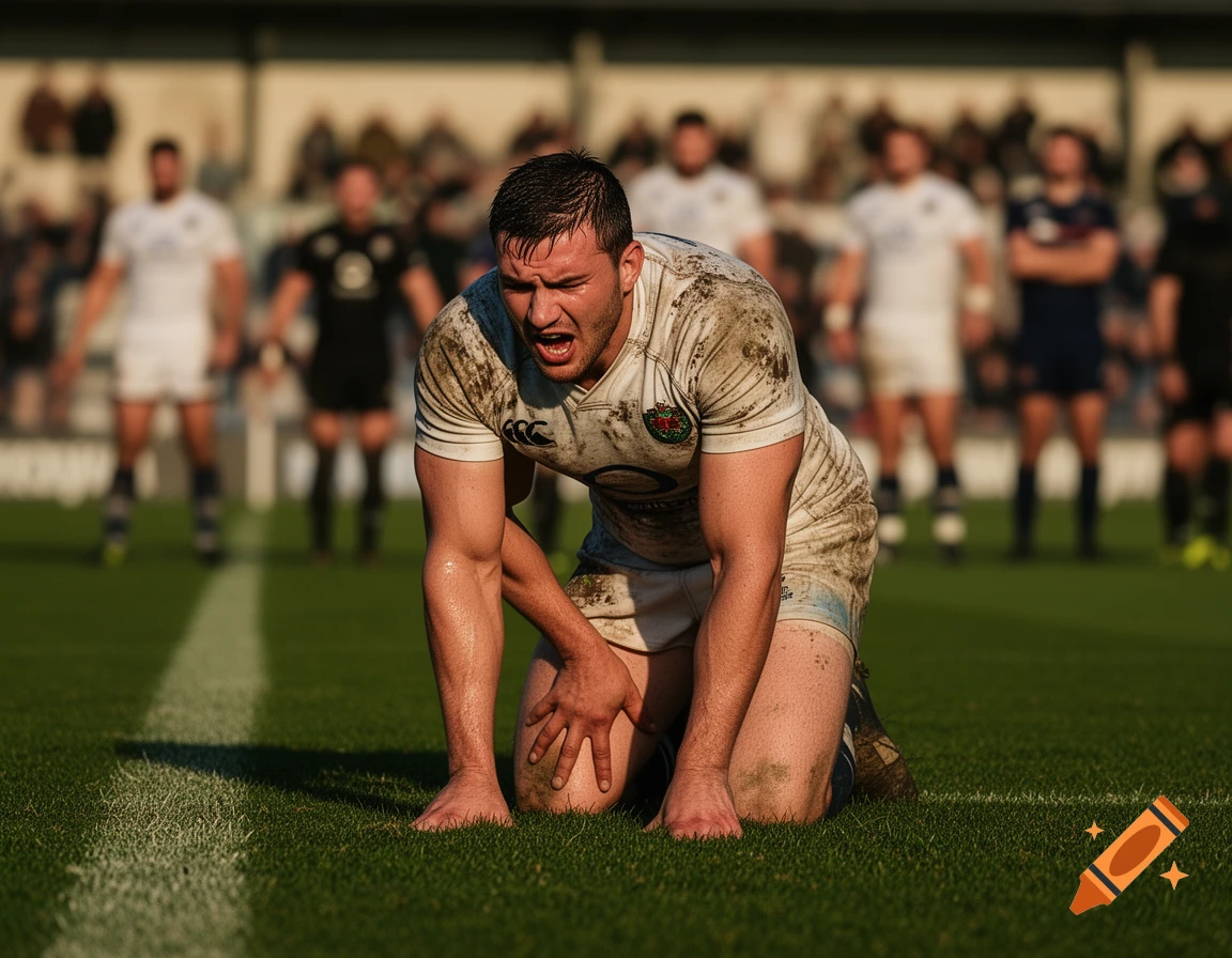 A sweaty, muddy rugby player kneels on a grassy field, looking exhausted, with other players in the blurred background.