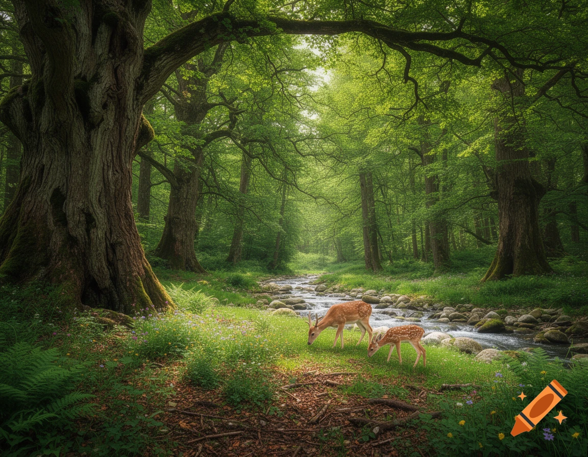 Two deer graze by a rocky stream in a vibrant, lush green forest under dappled sunlight.