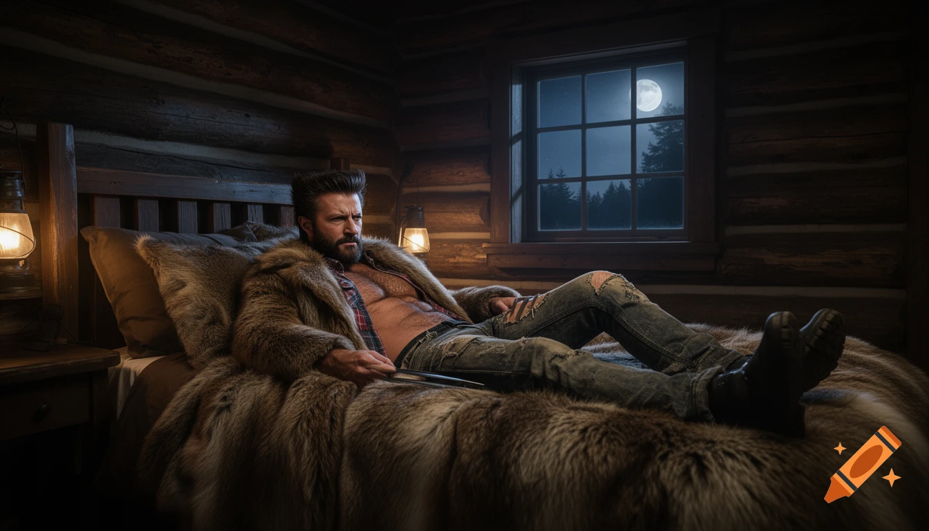 A man resembling Wolverine, wearing a fur coat, plaid shirt, and distressed jeans, lies on a fur bed in a rustic log cabin at night.