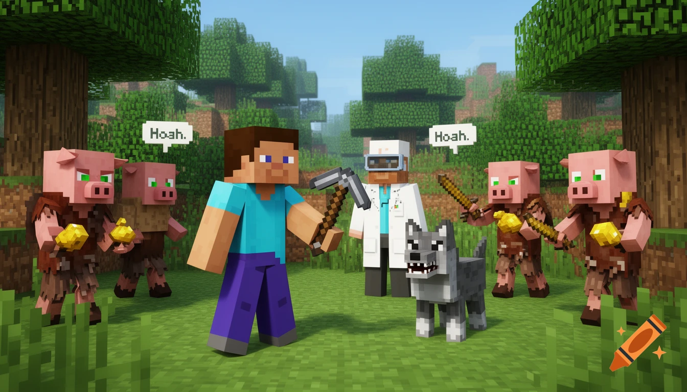 Minecraft characters Steve, a doctor, and a wolf face four piglins holding gold in a blocky forest. Speech bubbles say "Hoah."
