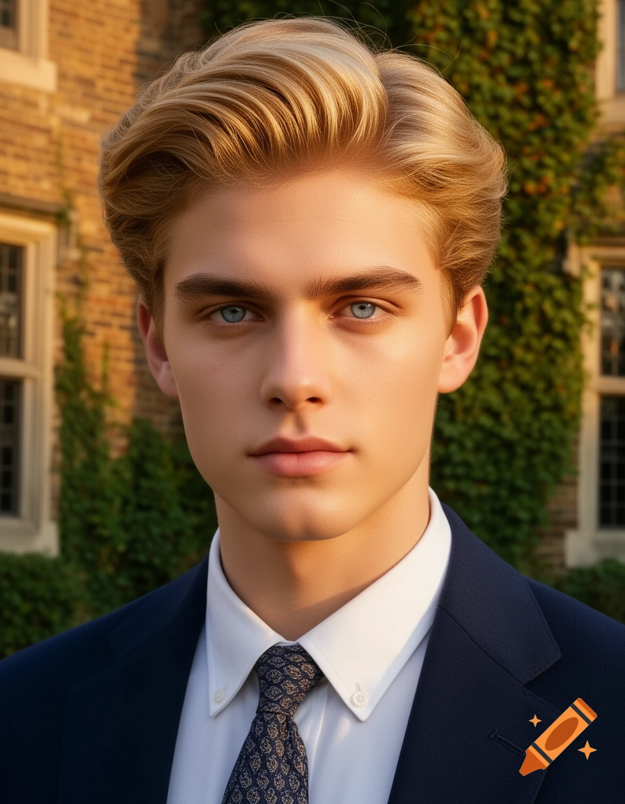 Photorealistic portrait of a young man with golden hair, blue eyes, in a dark suit against an ivy-covered building.