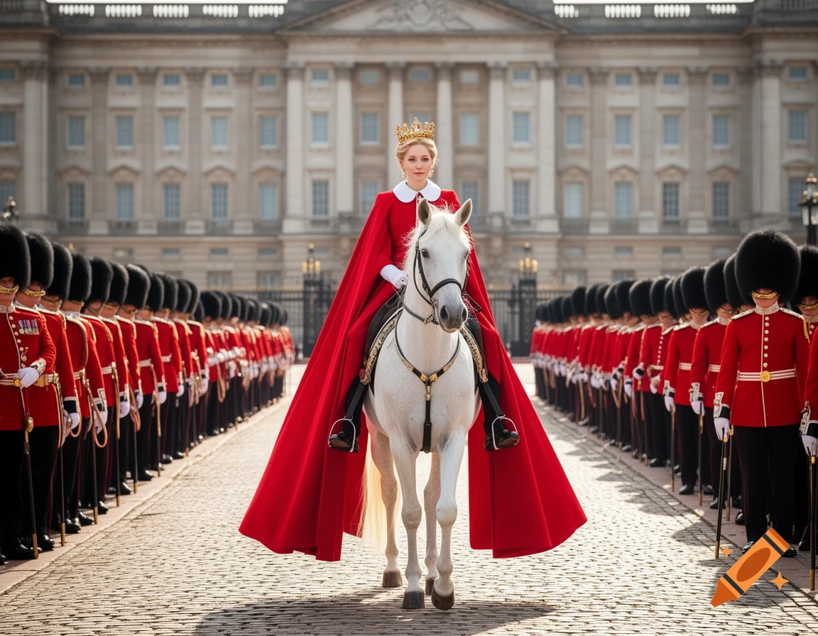 A queen in a red cape and gold crown rides a white horse past royal guards, with a grand palace in the background. Photorealistic.
