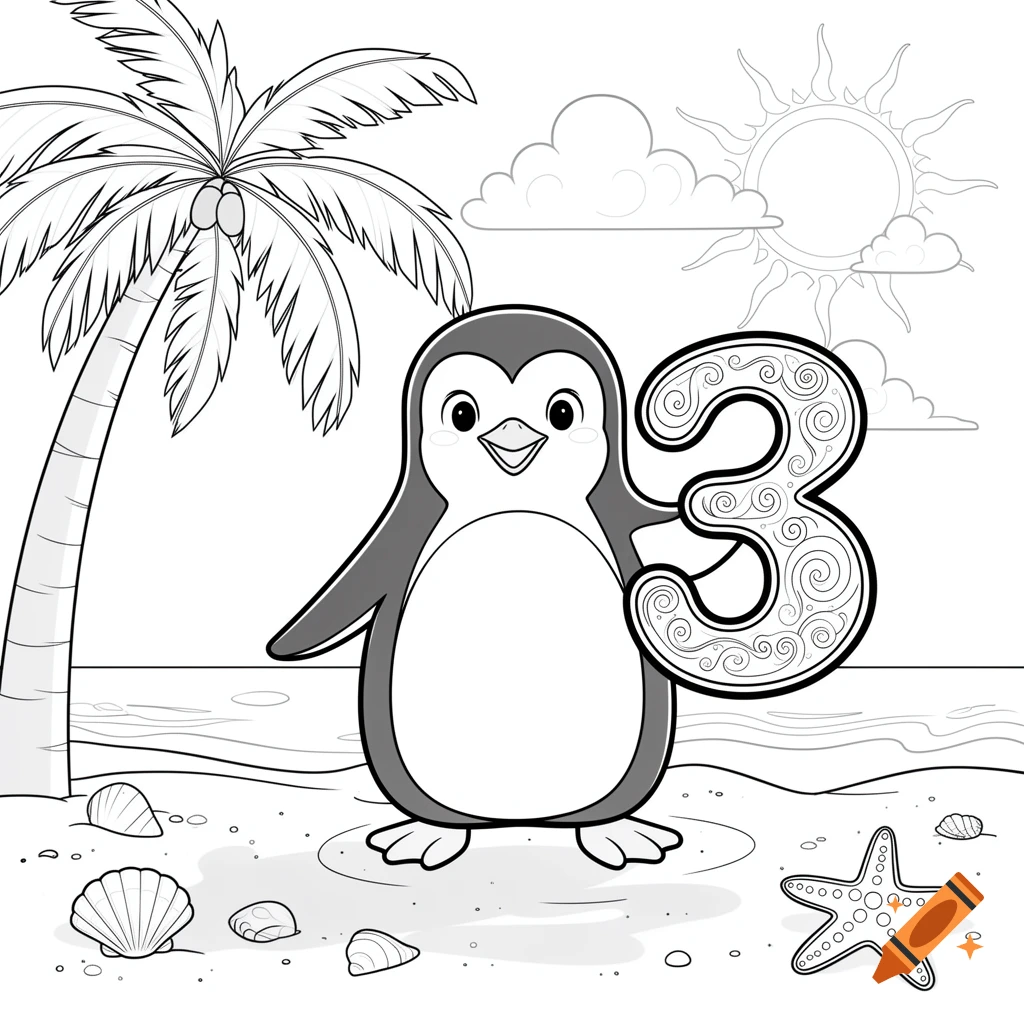 A cartoon penguin stands on a beach next to a palm tree, holding a large number 3, as a coloring page.