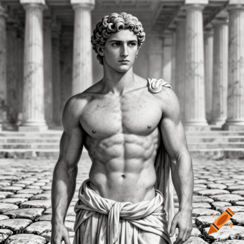 A muscular male figure in the style of an ancient Greek statue stands before a temple, rendered in black and white.