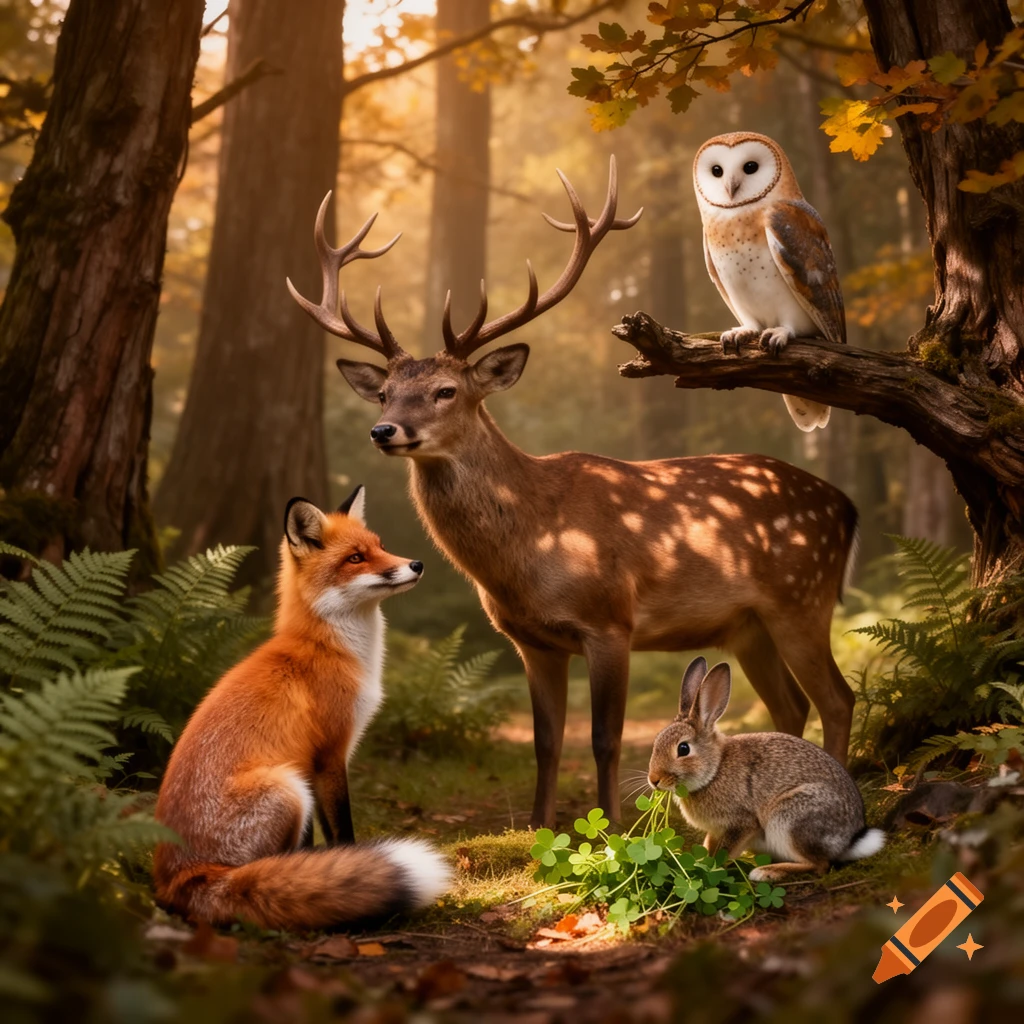 A photorealistic image of a deer, a fox, an owl on a branch, and a rabbit eating clover in a sun-dappled forest.