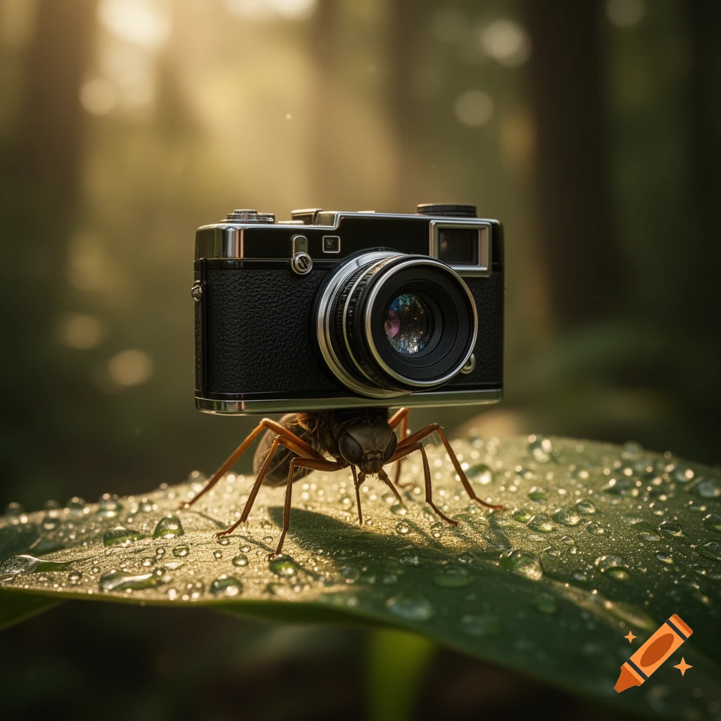 A tiny ant carries a vintage camera on its back, standing on a dew-covered leaf in a sunlit forest.