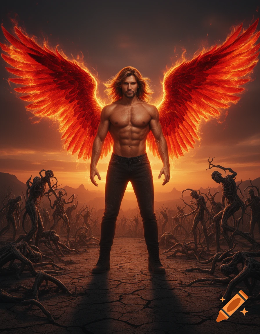 A muscular man with fiery red wings stands heroically on cracked earth, surrounded by skeletal figures under a dramatic orange sky.