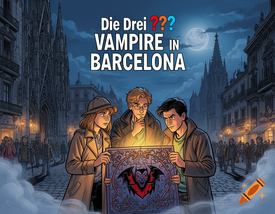 Comic art of three young detectives looking at a glowing vampire portrait in a dark Barcelona street under a full moon. Title reads 'Die Drei ??? Vampire in Barcelona'.