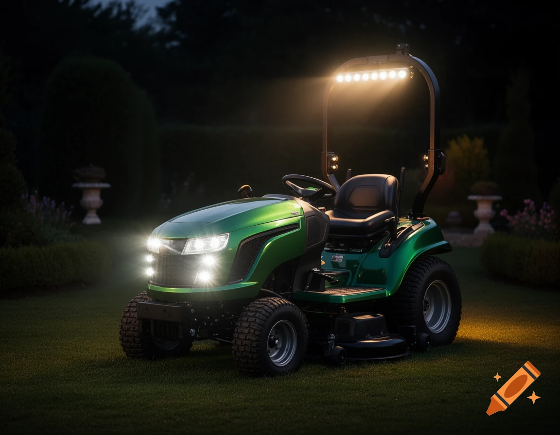 A shiny green garden tractor with bright headlights and an illuminated light bar on a roll bar, parked on grass at dusk.
