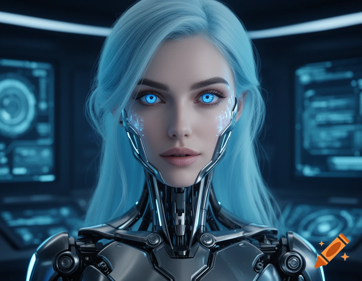 Photorealistic portrait of a female cyborg with light blue hair, glowing blue eyes, and metallic components in a dark, futuristic setting.